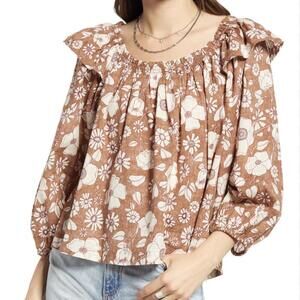 Free People Brown Floral Puff Sleeve Blouse w/ Ruffled Collar Size Medium